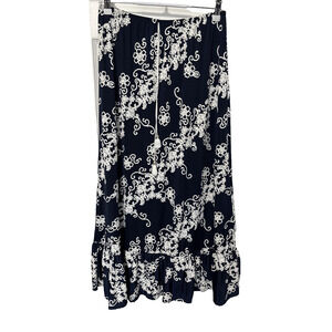 Espresso Women's Large Navy White Embroidered Maxi Skirt Flowy Spring BOHO Fairy